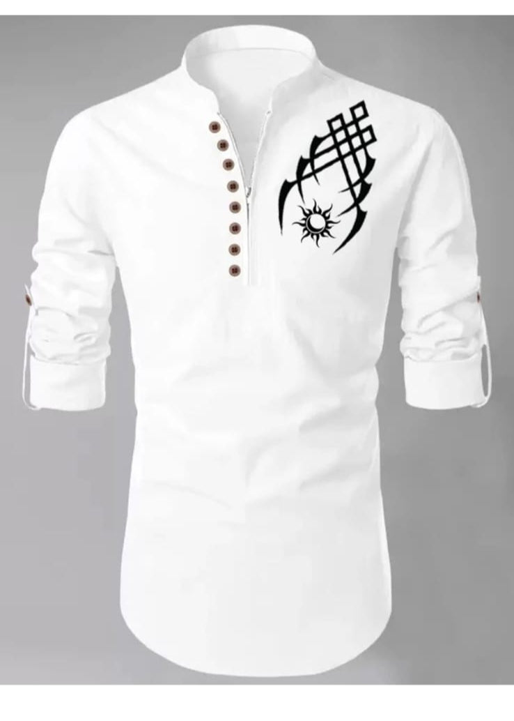 Men's White Designer Shirt with Tribal Tattoo Print – Mandarin Collar | Casual Slim Fit