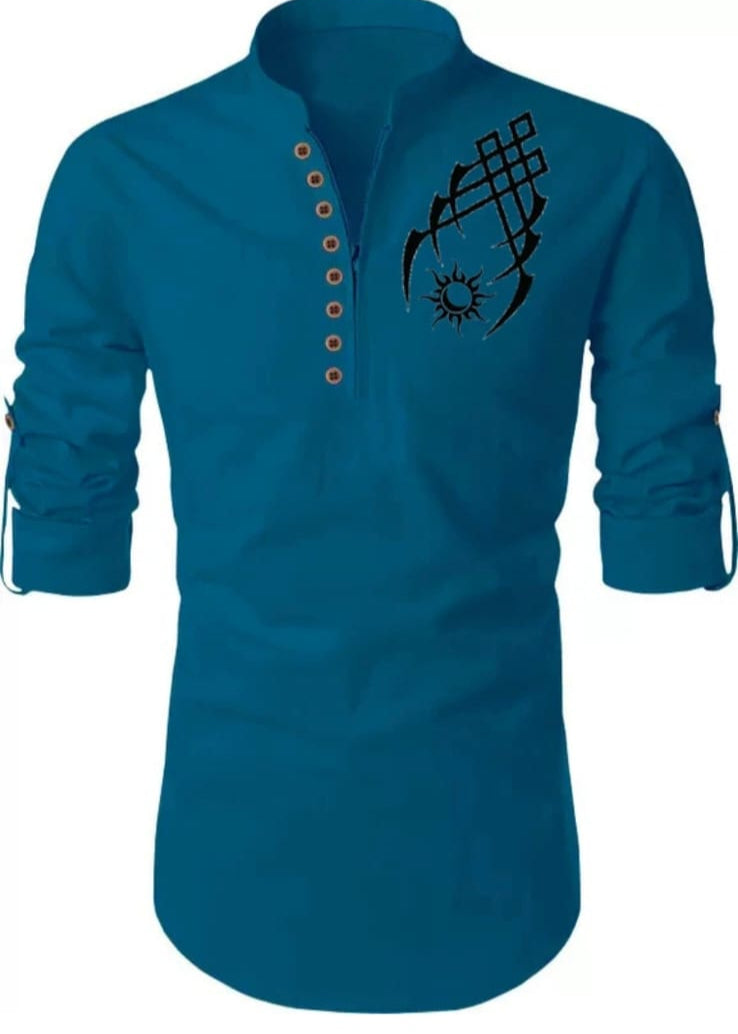 Men's Blue Designer Shirt with Tribal Tattoo Print – Stylish Mandarin Collar | Casual Slim Fit