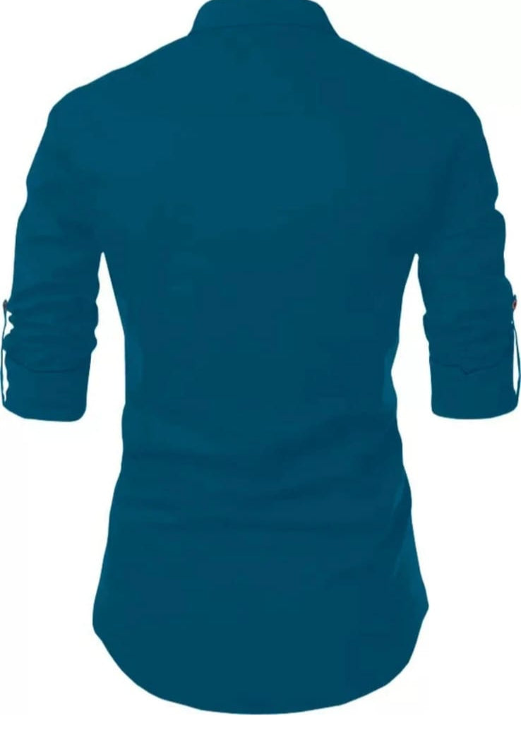 Men's Blue Designer Shirt with Tribal Tattoo Print – Stylish Mandarin Collar | Casual Slim Fit