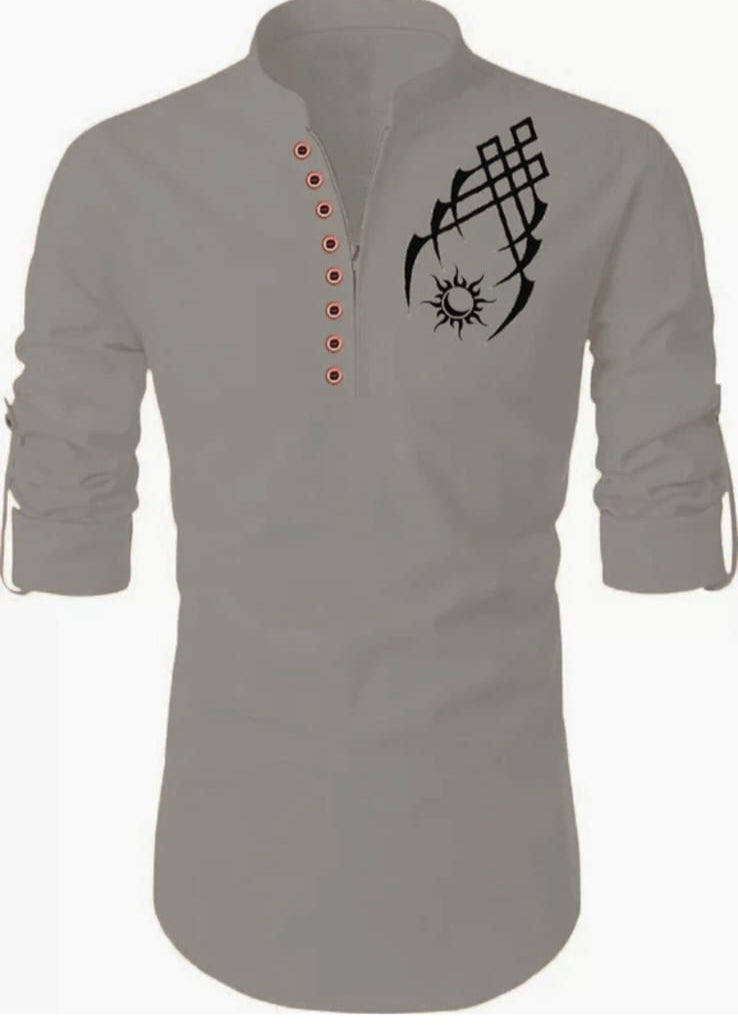 Men's Grey Designer Shirt with Tribal Print – Stylish Mandarin Collar | Slim Fit Casual Wear
