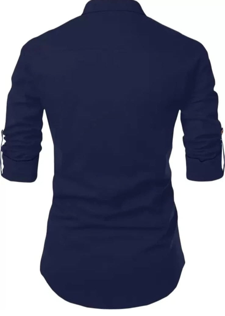 Men's Navy Blue Designer Shirt with Tribal Chest Print – Mandarin Collar | Stylish Slim Fit