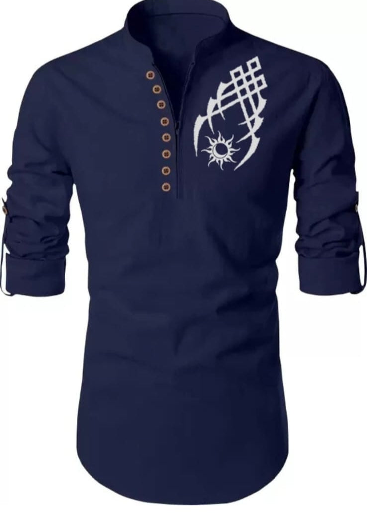 Men's Navy Blue Designer Shirt with Tribal Chest Print – Mandarin Collar | Stylish Slim Fit