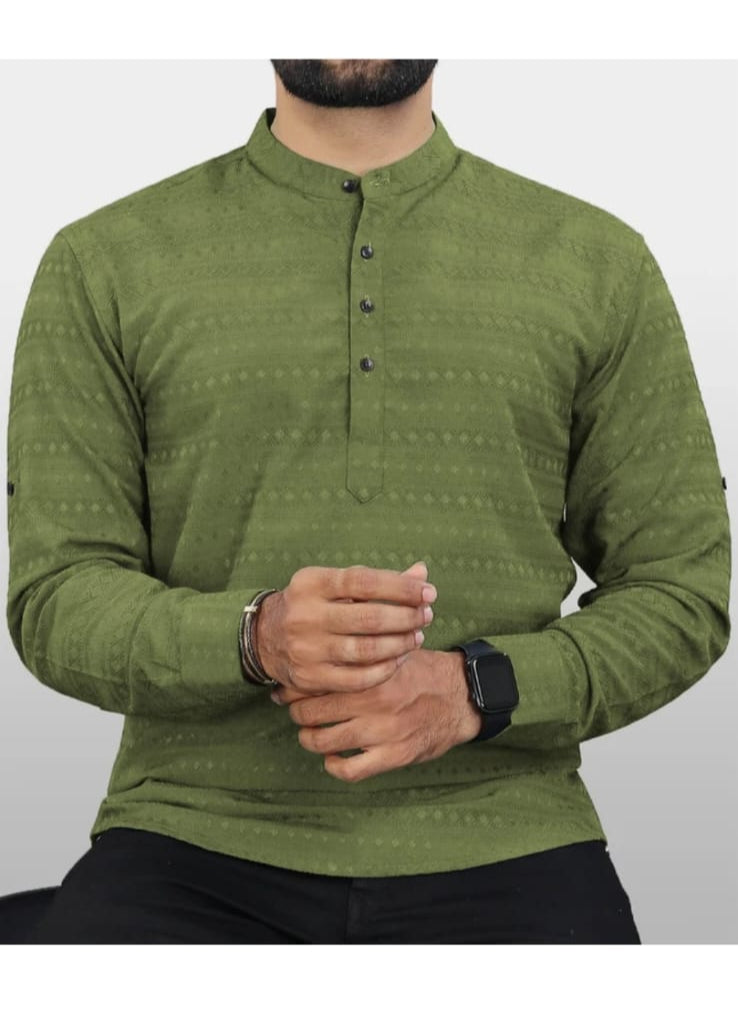 Olive Green Textured Kurta Shirt for Men