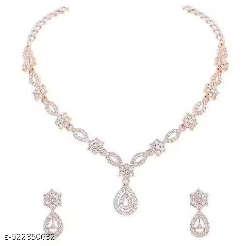 Stylish Designed Rose Gold & Silver Polish AD Stone Studded Choker Necklace Jewellery Combo set with Matching Pair of Earrings for Women and Girls