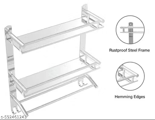 GRIVEX Stainless Steel Wall Mounted Bathroom Shelf with Towel Rack & Dual Hooks – 2 Tier Storage Organizer