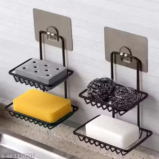 TRYKSHA (Pack of 2) all Mounted Double Layer soap Dish Holder Stainless Steel Wall Hanging Soap Storage Rack for Kitchen Bathroom-with Self Adhesive Magic Sticker