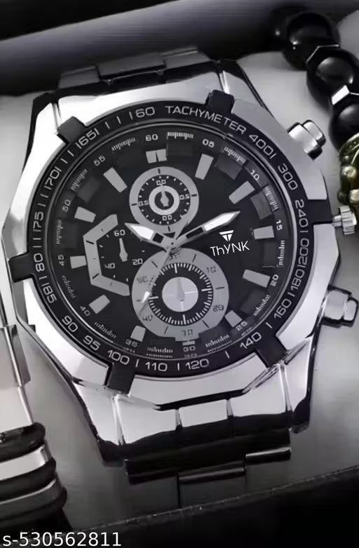 HYNK BLACK DAIL NEW DESIGNER ROUND STIANLESS STEEL SILVER ADJUSTABLE CHAIN Analog Watch - For Men