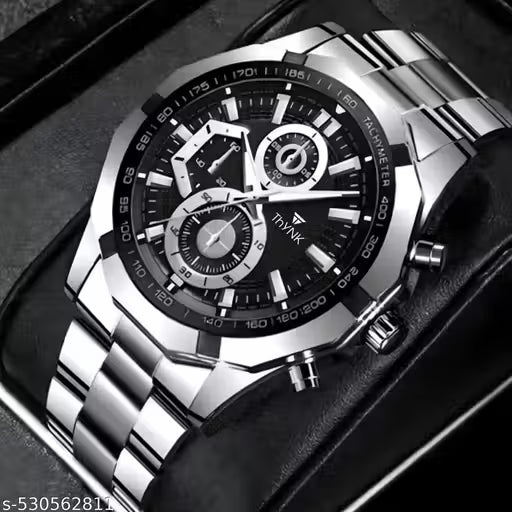 HYNK BLACK DAIL NEW DESIGNER ROUND STIANLESS STEEL SILVER ADJUSTABLE CHAIN Analog Watch - For Men