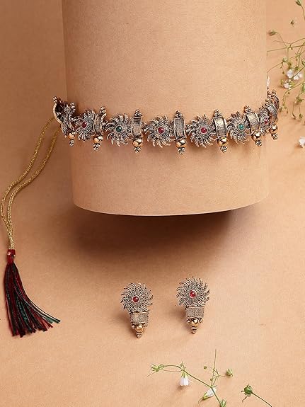 Sukkhi Indian Traditional 18k Gold Plated Red Green Choker Necklace with Studs Earring Jewellery Set for Women & Girls