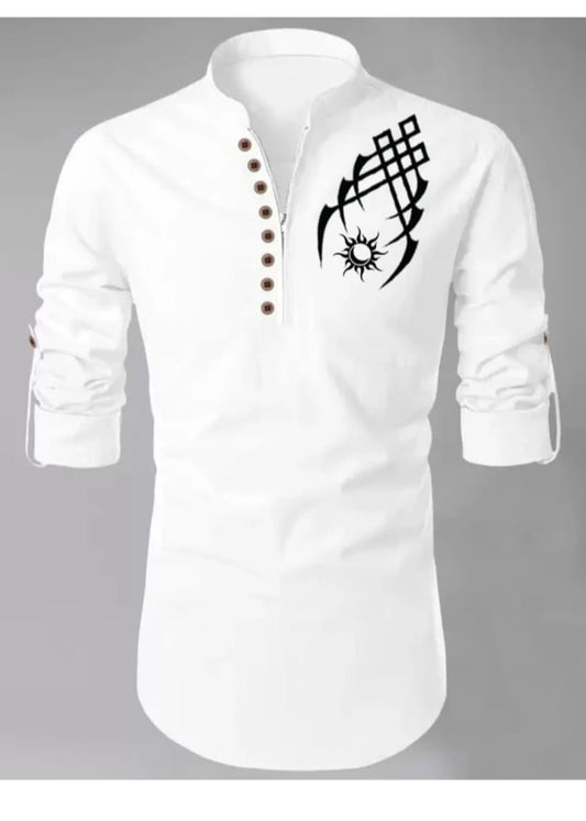 Men's White Designer Shirt with Tribal Tattoo Print – Mandarin Collar | Casual Slim Fit