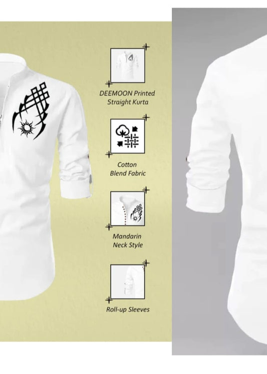 Men's White Designer Shirt with Tribal Tattoo Print – Mandarin Collar | Casual Slim Fit
