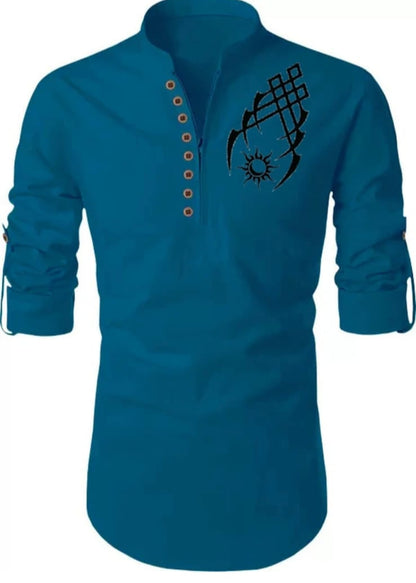 Men's Blue Designer Shirt with Tribal Tattoo Print – Stylish Mandarin Collar | Casual Slim Fit