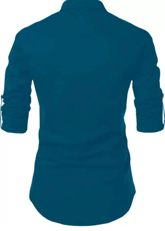 Men's Blue Designer Shirt with Tribal Tattoo Print – Stylish Mandarin Collar | Casual Slim Fit