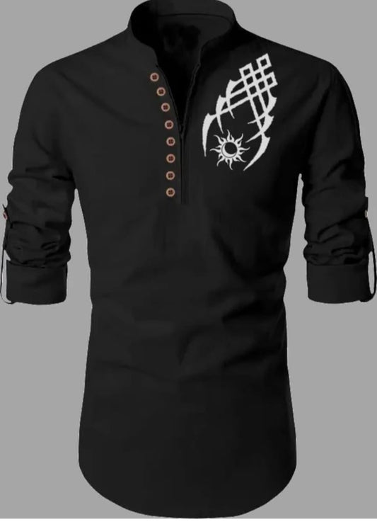 Men's Black Designer Shirt with Tribal Chest Print – Mandarin Collar | Slim Fit Casual Wear