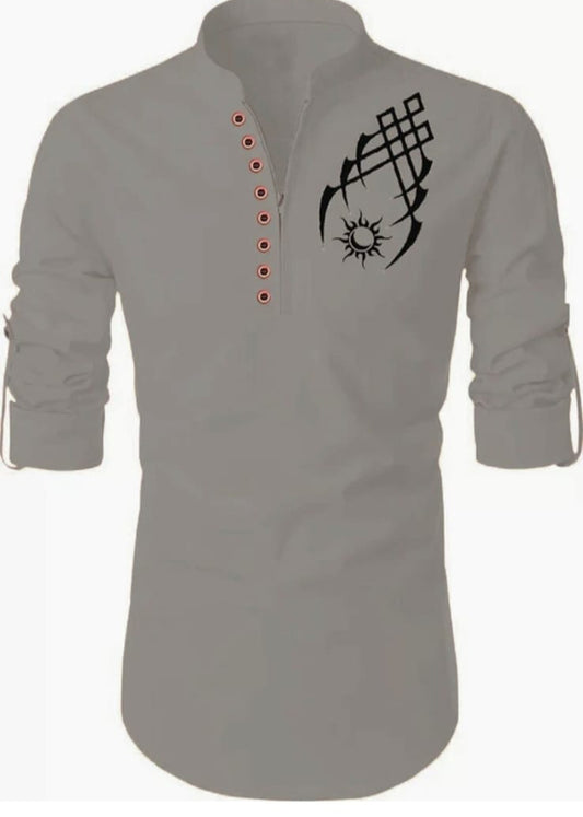 Men's Grey Designer Shirt with Tribal Print – Stylish Mandarin Collar | Slim Fit Casual Wear