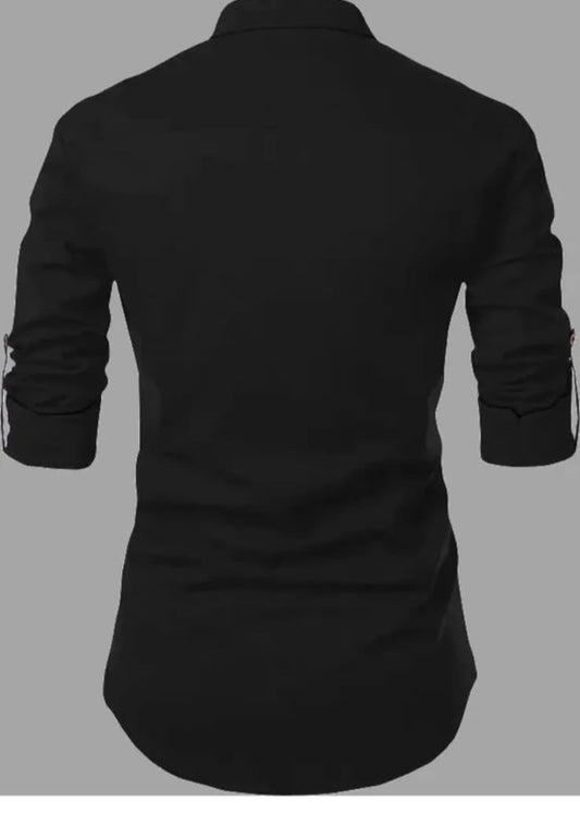 Men's Black Designer Shirt with Tribal Chest Print – Mandarin Collar | Slim Fit Casual Wear