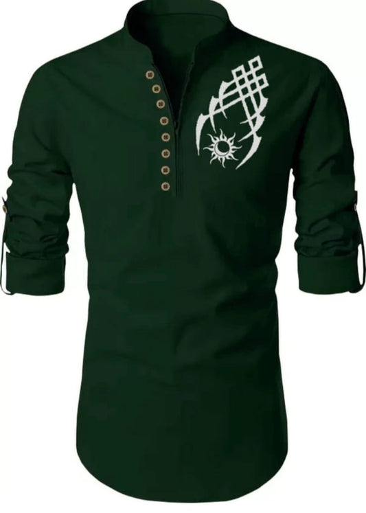 Men's Dark Green Designer Shirt with Tribal Chest Print – Mandarin Collar | Slim Fit Casual Style