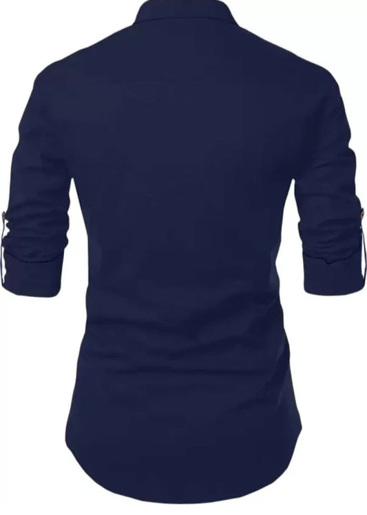 Men's Navy Blue Designer Shirt with Tribal Chest Print – Mandarin Collar | Stylish Slim Fit