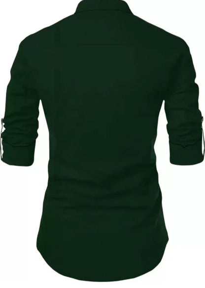 Men's Dark Green Designer Shirt with Tribal Chest Print – Mandarin Collar | Slim Fit Casual Style