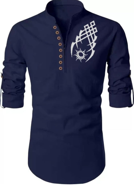 Men's Navy Blue Designer Shirt with Tribal Chest Print – Mandarin Collar | Stylish Slim Fit