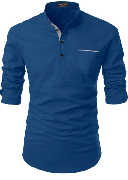 Classic Blue Mandarin Collar Shirt for Men