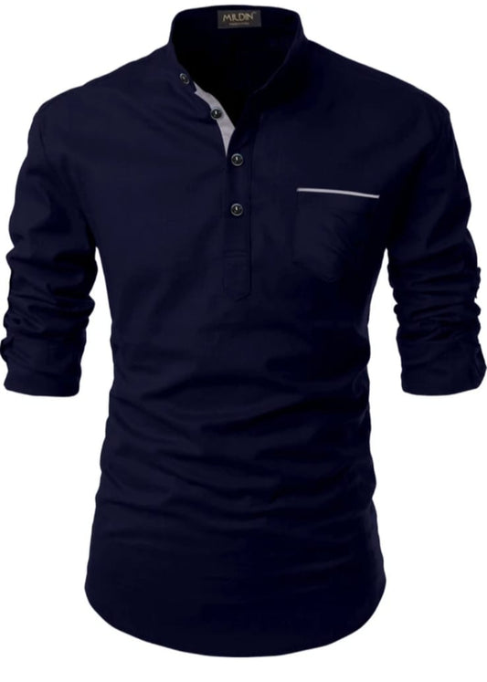 lassic Dark Blue Mandarin Collar Shirt for Men
