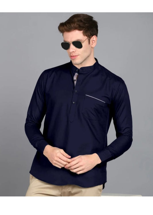lassic Dark Blue Mandarin Collar Shirt for Men