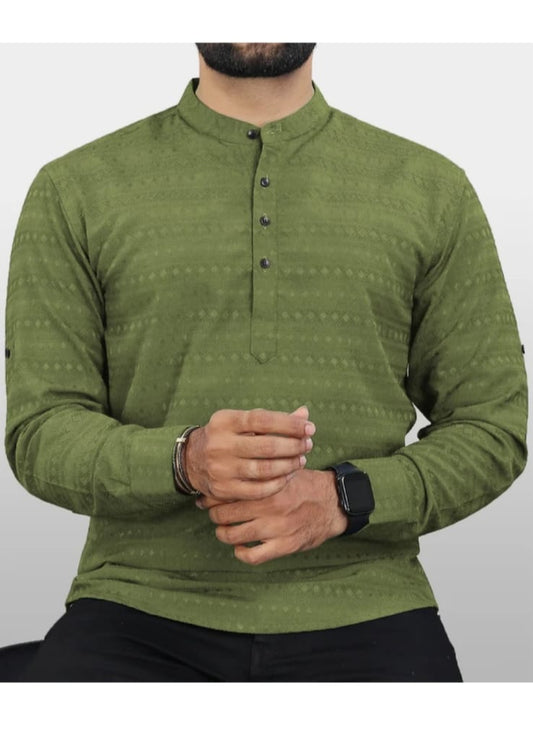 Olive Green Textured Kurta Shirt for Men