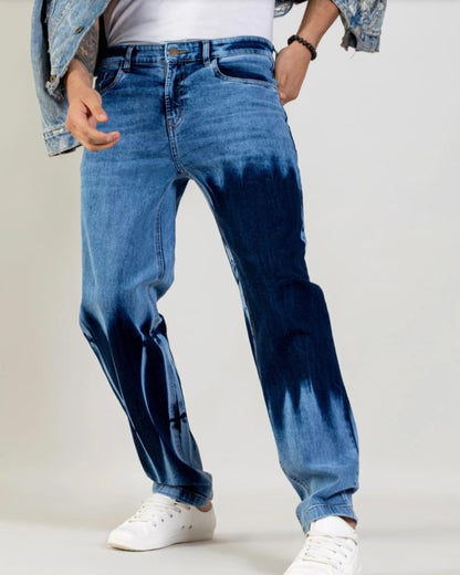 Men' s black and blue patch jeans