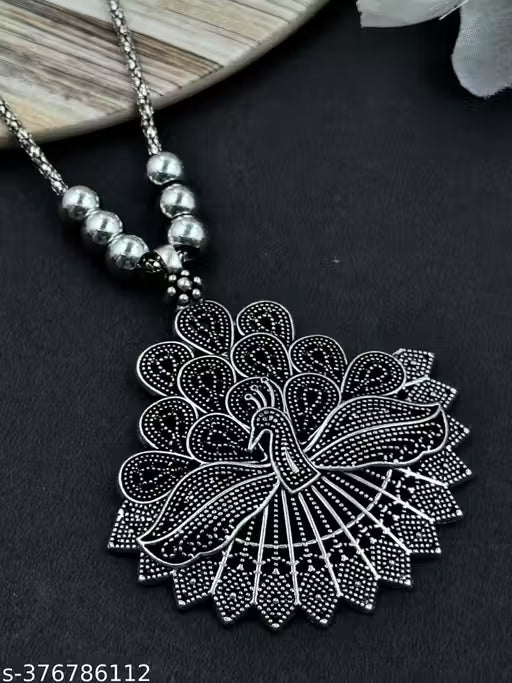 Premium Quality Brass Oxidised Short Necklace with pendant, Earrings, Kada, Toering, Ring and Nose Pin Set |German Silver Indian Jewellery |Indian Traditional Jewellery | Necklace for Girls and Women | Antique Heavy Necklace set | Silver Coloured Chunky