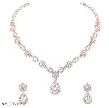 Stylish Designed Rose Gold & Silver Polish AD Stone Studded Choker Necklace Jewellery Combo set with Matching Pair of Earrings for Women and Girls