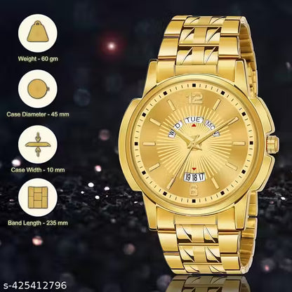 Elegant Fashion Style Men Golden Day Date Waterproof Watch Round Dial With One Year Golden Polish Warranty