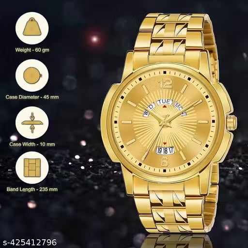 Elegant Fashion Style Men Golden Day Date Waterproof Watch Round Dial With One Year Golden Polish Warranty