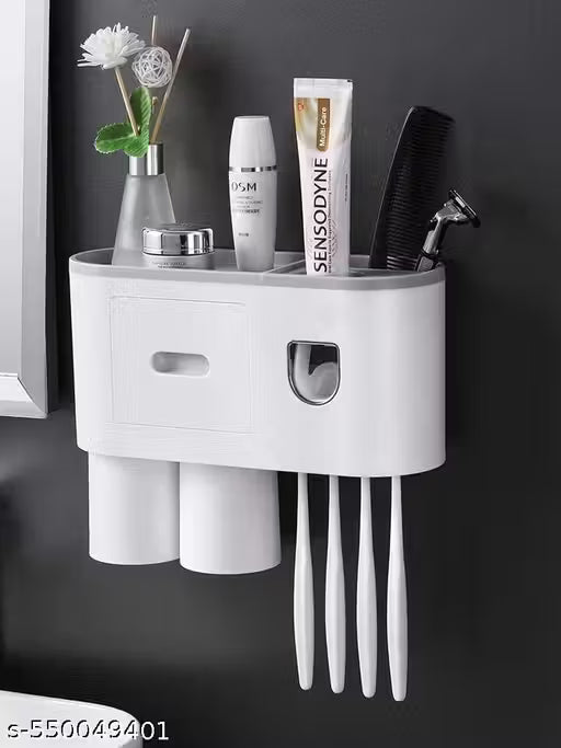 Toothpaste Dispenser Bathroom Accessories, 2 Cups Automatic Toothbrush Holder Wall Mounted Bathroom Decor Smart Home Products Tooth Brushing Holder with Automatic