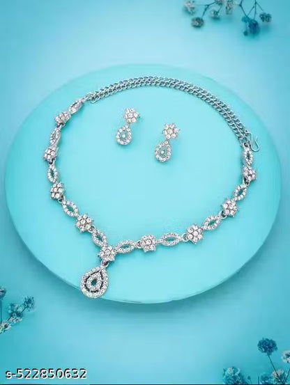 Stylish Designed Rose Gold & Silver Polish AD Stone Studded Choker Necklace Jewellery Combo set with Matching Pair of Earrings for Women and Girls
