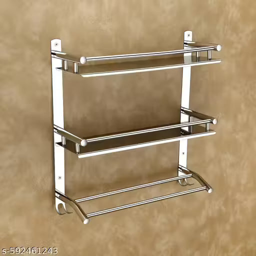 GRIVEX Stainless Steel Wall Mounted Bathroom Shelf with Towel Rack & Dual Hooks – 2 Tier Storage Organizer