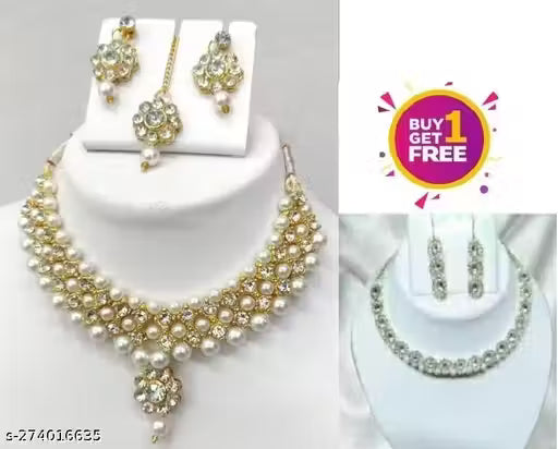 Buy One Get One Free White Jewellery Set With Earring And mangtikka Alloy Set