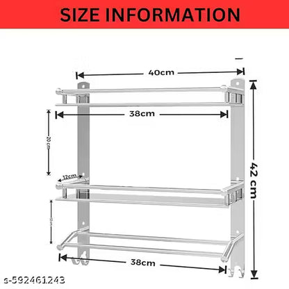 GRIVEX Stainless Steel Wall Mounted Bathroom Shelf with Towel Rack & Dual Hooks – 2 Tier Storage Organizer