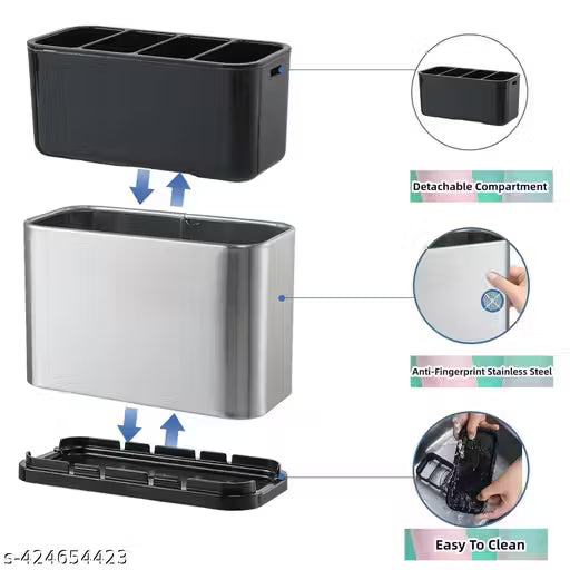 Stainless Steel Kitchen Utensil Holder Drainer Cooking Utensil Holder Cutlery Holder Flatware Holder Sinkware Caddy Countertop Organizer Modern Rectangular Design