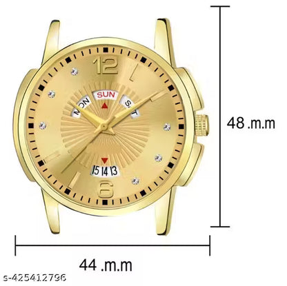 Elegant Fashion Style Men Golden Day Date Waterproof Watch Round Dial With One Year Golden Polish Warranty