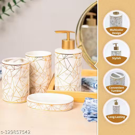 Market99 Ceramic Cylindrical Bathroom Set of 4 - Geometric Pattern, Bath Accessories Modern Bath Set, Luxury Gift Accessory for Home, Bathroom Décor and Home Gift Set-Luxury Bath Accessories Set of 4