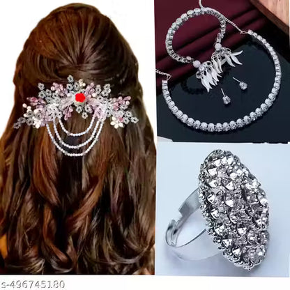 New fancy 4 item combo of hair tiara and beautiful necklace with latkan breslet ring free
