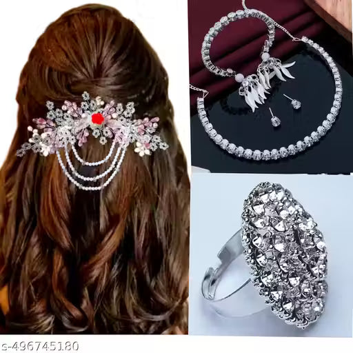 New fancy 4 item combo of hair tiara and beautiful necklace with latkan breslet ring free