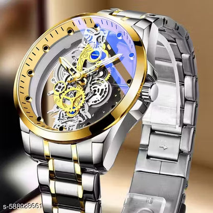Luxury Silver & Gold Skeleton Automatic Watch with Transparent Dial & Golden Gear Design