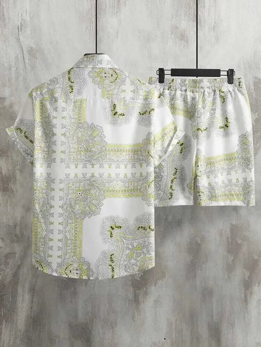 Men Top & Shorts Set White Printed