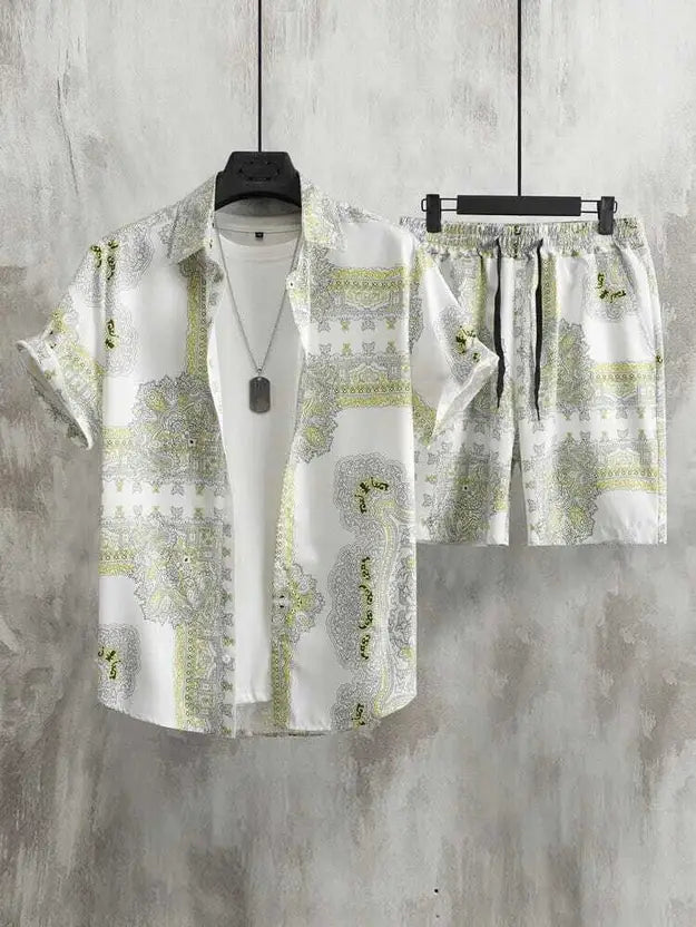 Men Top & Shorts Set White Printed