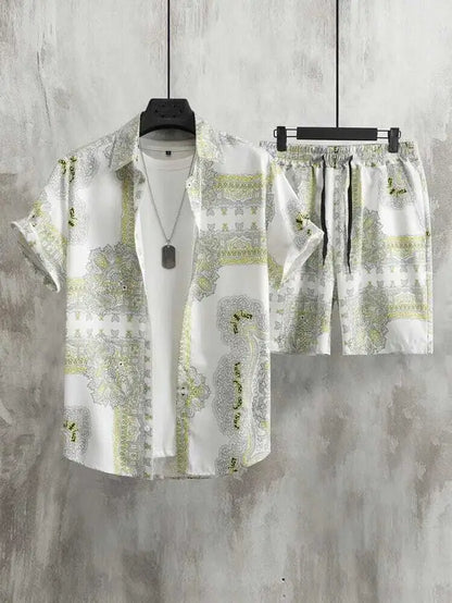Men Top & Shorts Set White Printed