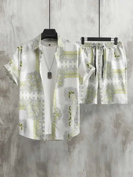 Men Top & Shorts Set White Printed