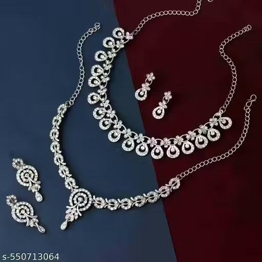 Silver Plated Traditional Choker Necklace Set for Women | Ethnic Bridal Jewelry, Wedding & Party Wear [SET OF-2]