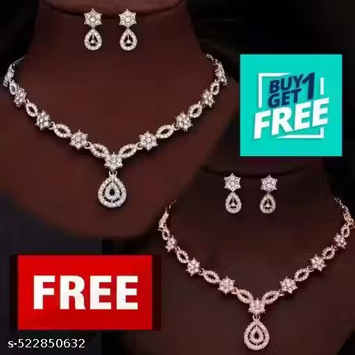 Stylish Designed Rose Gold & Silver Polish AD Stone Studded Choker Necklace Jewellery Combo set with Matching Pair of Earrings for Women and Girls